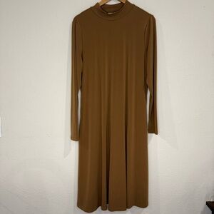 Susan Graver Liquid Knit Dress A-Line Long Sleeves Mock Neck Gold Women’s Size L